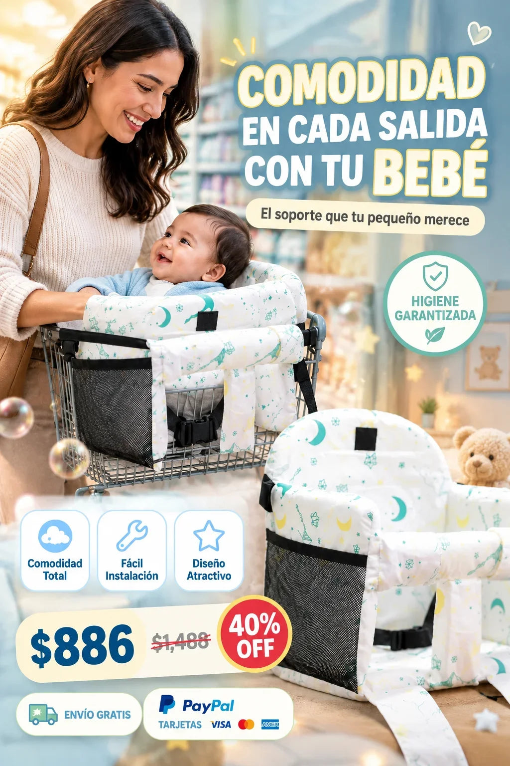 Cojín desmontable para el asiento del carrito de compras para bebés